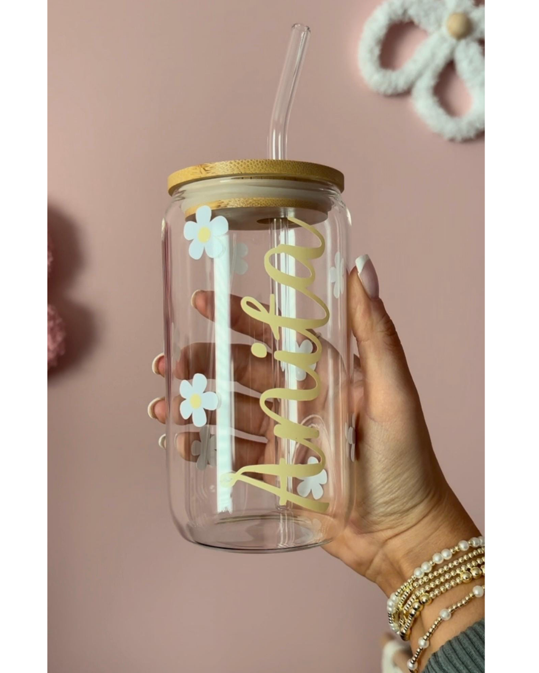 Personalized Daisy Name Glass Cup
